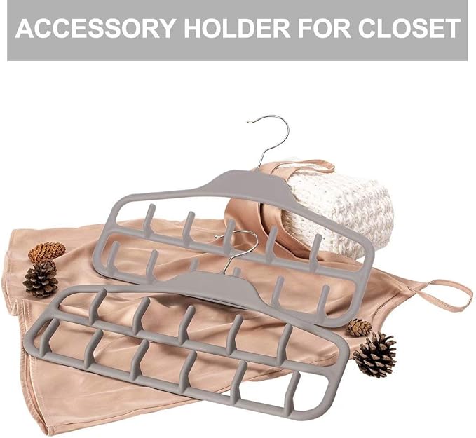 FairyHaus Belt Hanger Organizer 2 Pack, Non Slip Tie Rack Holder, Durable Hanging Closet Accessory Hooks for Belts, Ties, Jewelry, Scarves, Tank Tops, Grey