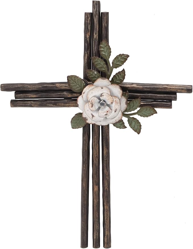 Synovana Wall Cross, Rustic Metal Cross Wall Decor with White Rose, Inspirational Christian Wall Crosses for Home Decor, Crucifix Gift