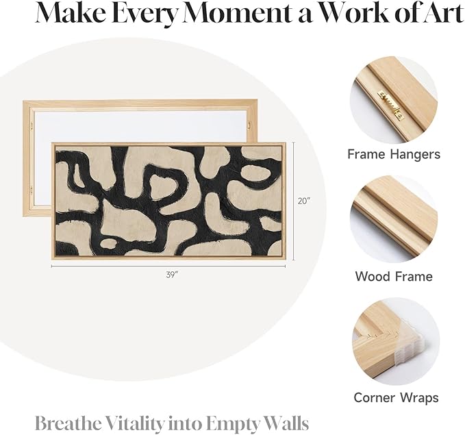 Framed Abstract Neutral Horizontal Wall Art Bedroom, Black Beige Mid Century Modern Artwork for Walls, Large Abstract Canvas Painting Print for Living Room Hallway Home Office Wall Decor, 20x40 Inch