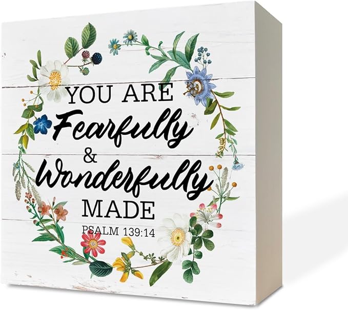 Christian Wood Signs, Bible Verse Psalm 139:14 - You are Fearfully & Wonderfully Made, Box Sign Decor Tabletop, Inspirational Wood Plaque, Wood Table Signs, Country Style Home Decor, Christian Gift