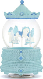 Pixel-Design Carousel Snow Globe Music Box, Compact Decorative Gift for Collectors and Creative Spaces, Light Blue Edition, Plays Toyland Melody