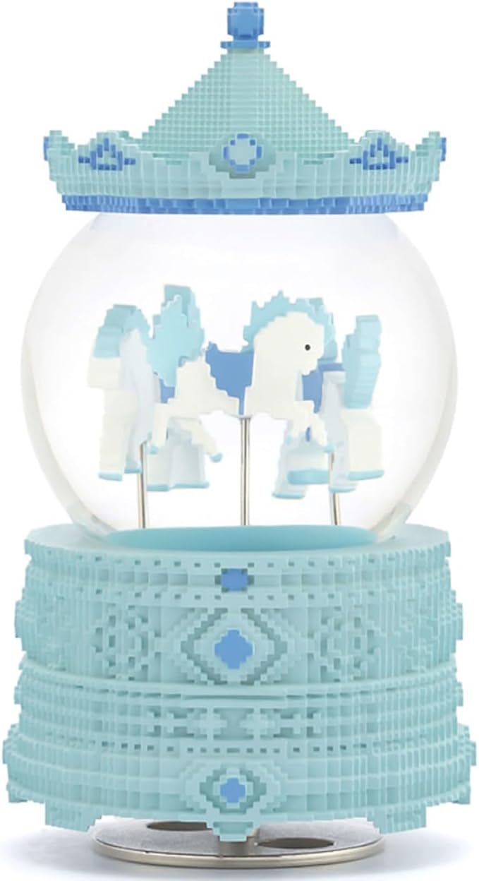 Pixel-Design Carousel Snow Globe Music Box, Compact Decorative Gift for Collectors and Creative Spaces, Light Blue Edition, Plays Toyland Melody