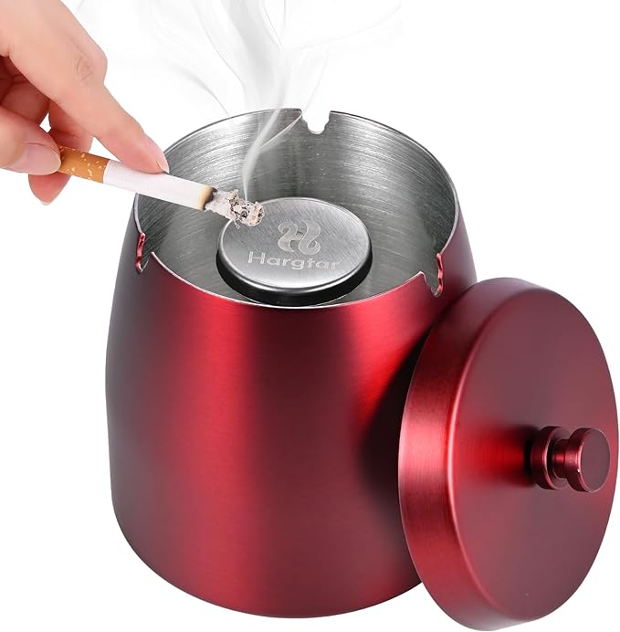 HARTAR Smokeless Ashtrays for Cigarettes Indoor, Ash Tray Sets Outdoor Windproof Cute Home Large Funny Metal Outside Ashtray with Lid for Cigarettes Butt Can for Outside Patio, Red, Large