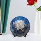 Stained Glass Theme Decorative Ceramic Plate Round Porcelain Plate,8 inch,Flowers in The Pond Pattern,for Decorative Ornaments Giving Plates, 1 Plate with 1 Display Stand,Blue White