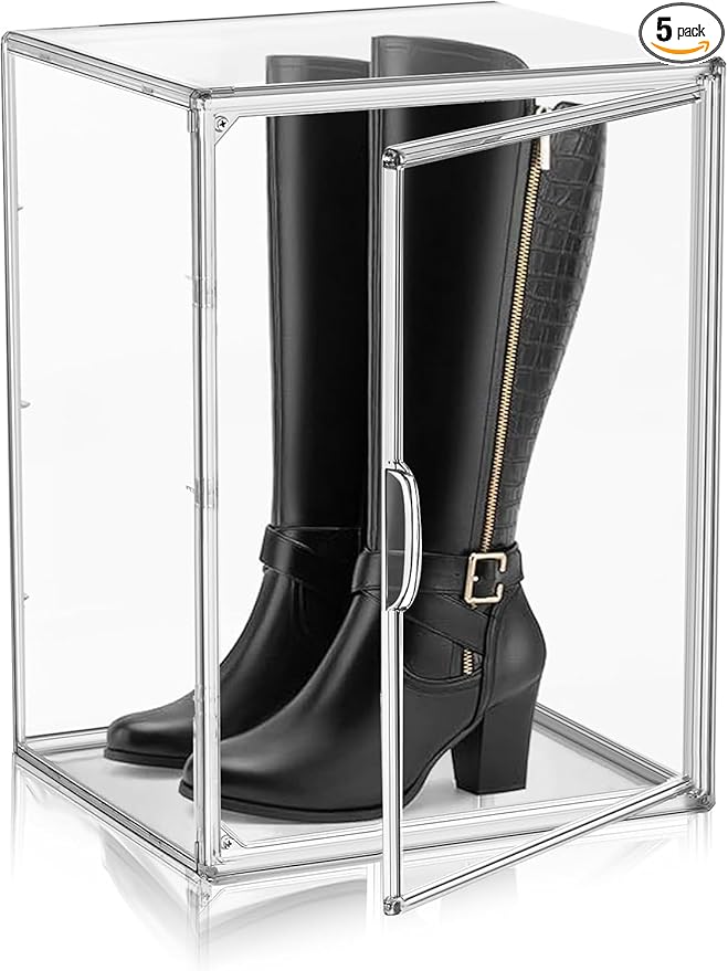Tall Boot Storage Box 5 Pack, XX-Large Acrylic Shoe Box Sneaker Display Case 11.4'' x 9.8'' x 15.3'' Protection Organizer for Collectibles Clear Plastic Stackable Handbag Organizer with Magnetic Lids
