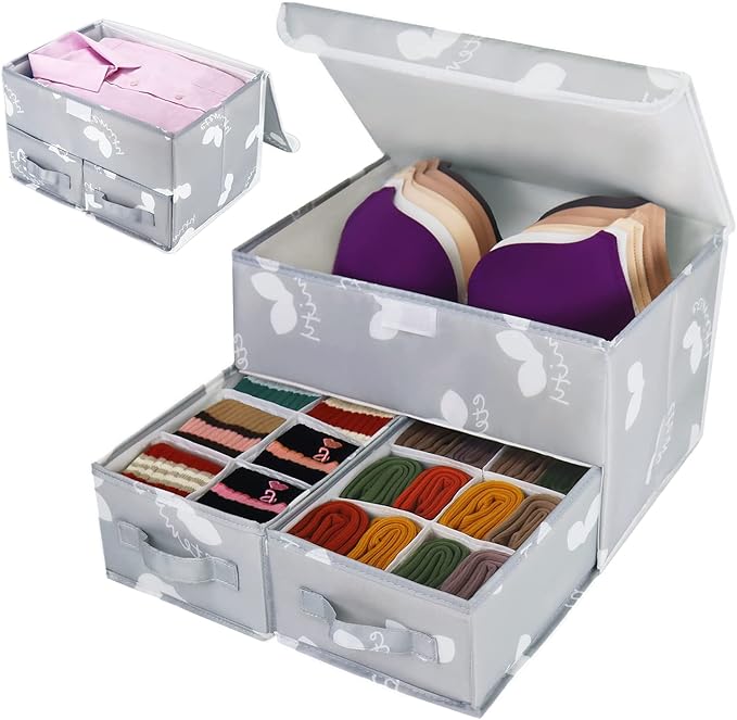 Sock Underwear Drawer Divider - Closet Organizers and Dresser Organizer Wardrobe Clothes Box Storage Bins with Lid for Bra, Leggings, Shirt, Panty (1 Pack, Grey)