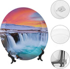 Waterfall Theme Decorative Ceramic Plate Round Porcelain Plate,7 inch,Winter Pattern,for Decorative Ornaments Giving Plates,1 Plate with 1 Display Stand,Blue White