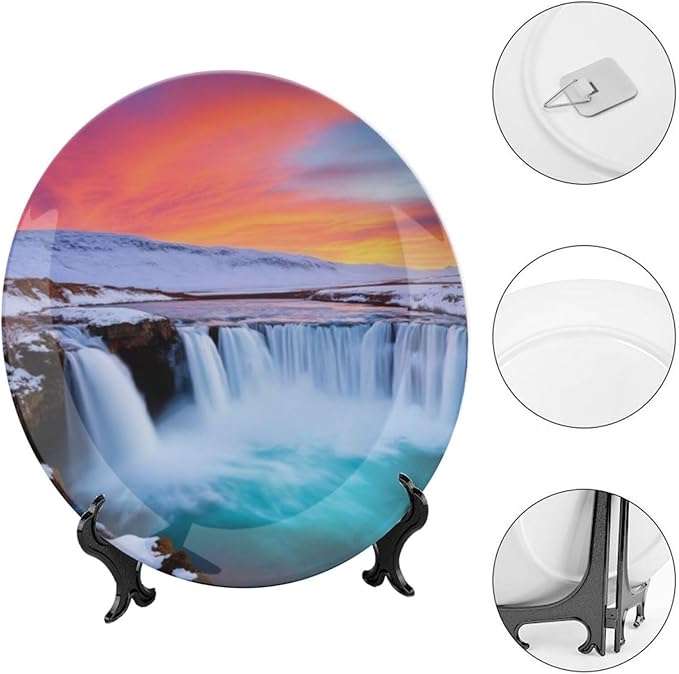 Waterfall Theme Decorative Ceramic Plate Round Porcelain Plate,8 inch,Winter Pattern,for Decorative Ornaments Giving Plates,1 Plate with 1 Display Stand,Blue White