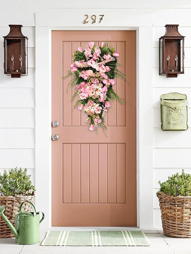 21.65In Spring Teardrop Swag, Artificial Floral Swag with Green Leaves, Easter Teardrop Wreath Front Door Swag, Decorative Teardrop Garland for Front Door Porch Wall (A)