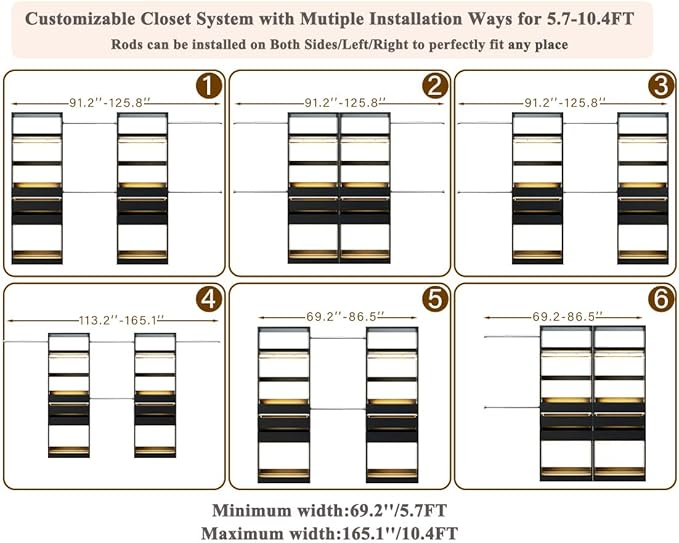 Closet System Set of 2, 5.7-10.4FT Closet Organizer System with 6 Wood Drawers & 2 LED Glasstop, Wood Walk-in Closet with 10 Hanging Rods & 2 Trouser Rack, Built-in Garment Rack with Shelves, Black