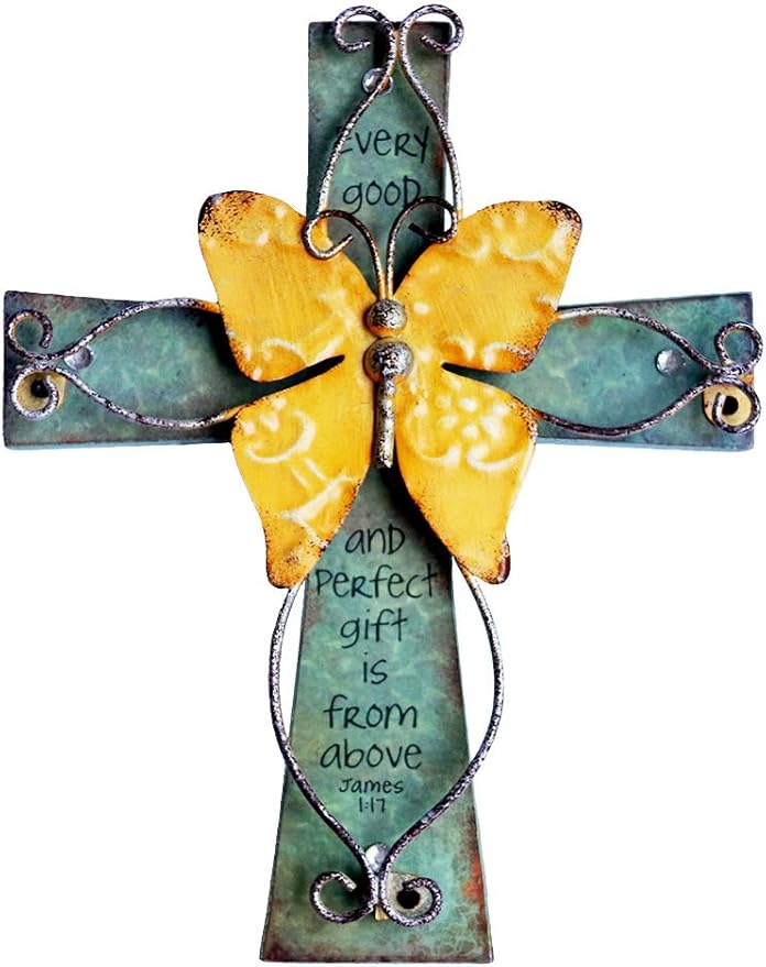MelinSam Wooden Wall Cross Christians Cross with Antiqued Metal Butterfly and Inspirational Prayer Inscribed Blessed for Church Home Room Decoration Gifts