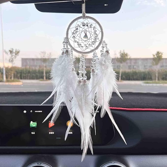 Car Dream Catcher, Rearview Mirror Accessory, Lucky Ornament, White
