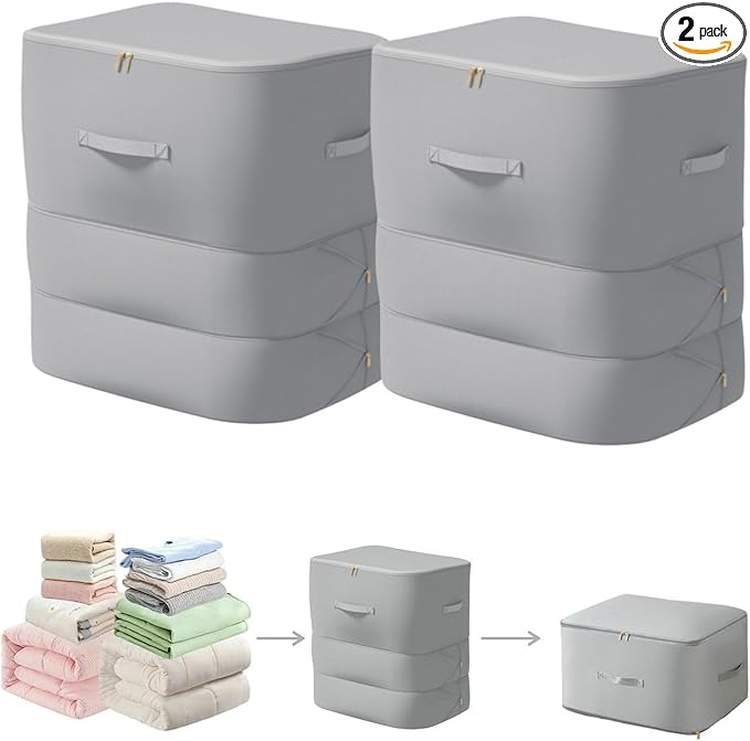 Ultra Space Saving Self Compression Organizer, 3-Layer Zipper Large Capacity Storage Bag, Thick Satin Fabric Heavy Duty Bags for Comforters Blankets Bedding Duvet (Gray, X-Large, 2PCS)