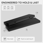 Homeforia Black Floating Shelves 24 inch, High End Solid Real Wood 24inch Bathroom Floating Shelf for Wall Mounted, Black Wooden 24in Floating Shelves, Heavy Duty Bracket, 24 X 6.5 X 1.75 in, Set of 3