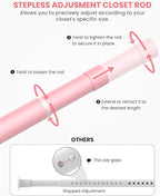Closet Rods for Hanging Clothes, 17 to 54 Inches Stepless Adjustable Metal Closet Rod, 1.3 Inches Heavy Duty Clothes Hanging Rod for Closet Wardrobes Laundry RV, Pink