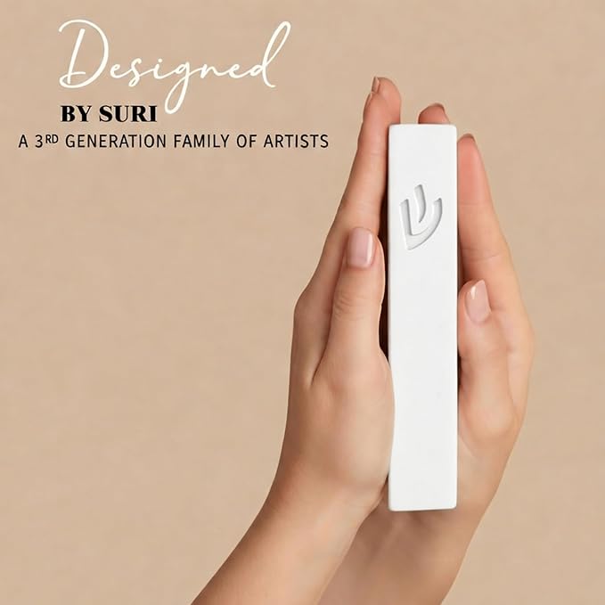 Mezuzah SURI for Door – 5 Inch White Concrete Mezuzah Case with Printed Scroll, Self-Stick Jewish Entry Design, Fits a 4 Inch Scroll, Gift Box Included