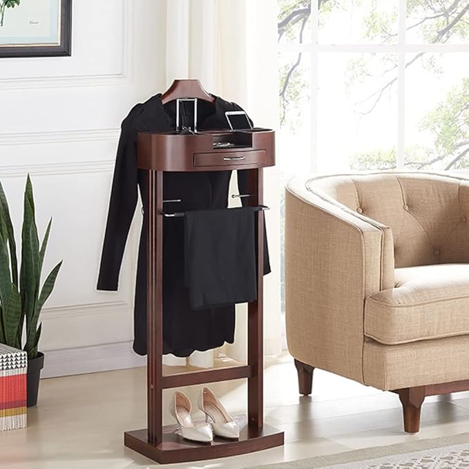 Valet Stand for men, Wood Suit Rack, Freestanding clothing valet stand, valet stand for women with Drawer, Top Tray, Contour Hanger, Trouser Bar, Tie & Belt Hooks and Shoe Rack organizer