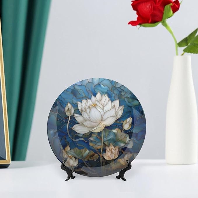 Stained Glass Theme Decorative Ceramic Plate Round Porcelain Plate,8 inch,Flowers in The Pond Pattern,for Decorative Ornaments Giving Plates, 1 Plate with 1 Display Stand,Blue White