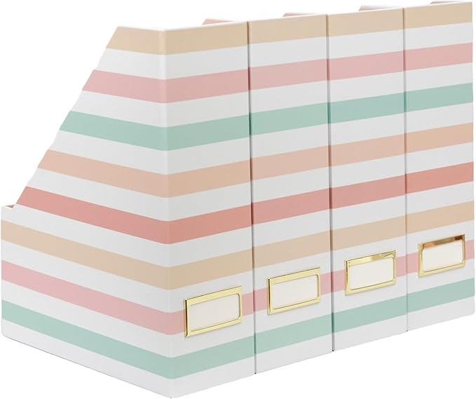 BLU MONACO | Cardboard Magazine File Holder Set of 4 | Vertical Magazine File Holder with Gold Label Slots | Standing File Holder and Cardboard Bins for Shelves Desk Classroom