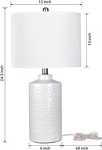 JUNNAI 24.5" White Ceramic Table Lamp 3-Way Dimmable Nightstand with White Linen Shade Bedside Lamp for Bedrooms & Living Room Office Reading(Bulb Included)