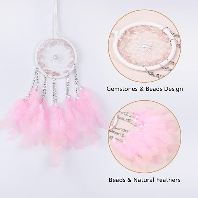 Pretty Jolly Crystal Stone Small Dream Catchers Pink Feathers Mini Dreamcatchers with Beads for Car Rear View Mirror Hanging Decoration Good Luck Travel Charm Little Bedroom Ornaments for Women Girls