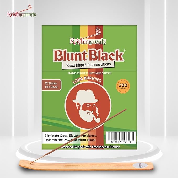 Blunt Black Hand-Dipped Incense Sticks | Premium 24 Assorted Packs - 288 Sticks, 11" Long | Aromatherapy with Long Burn Time | Free Wooden Stick Holder (Scents May Vary)