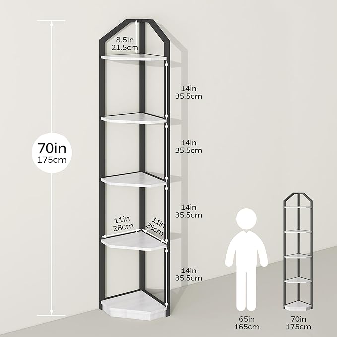 Fun Memories 5 Tier Corner Shelf, 70” Corner Shelf Stand, Corner Bookshelf Plant Stand, Storage Shelf for Bathroom, Living Room, Kitchen,Home Office, White