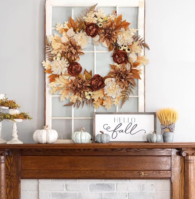 24 Inch Fall Brown Wreaths for Front Door Outside Autumn Wreath with Artificial Dahlia, Chrysanthemum, Rose, Berries & Leaves – Fall Door Wreath for Outdoor Indoor Thanksgiving Decor Terracotta