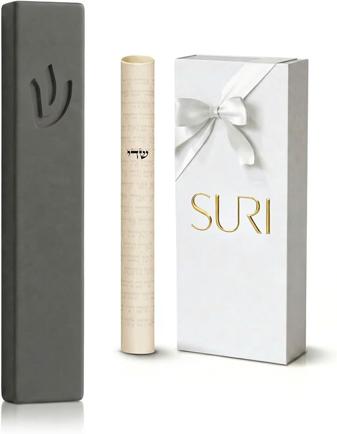 SURI Mezuzah – 5 Inch Gray Concrete Door Mezuza Case with Printed Scroll, Judaica Contemporary Style, Fits a 4 Inch Mezuzah Scroll, Gift Box Included