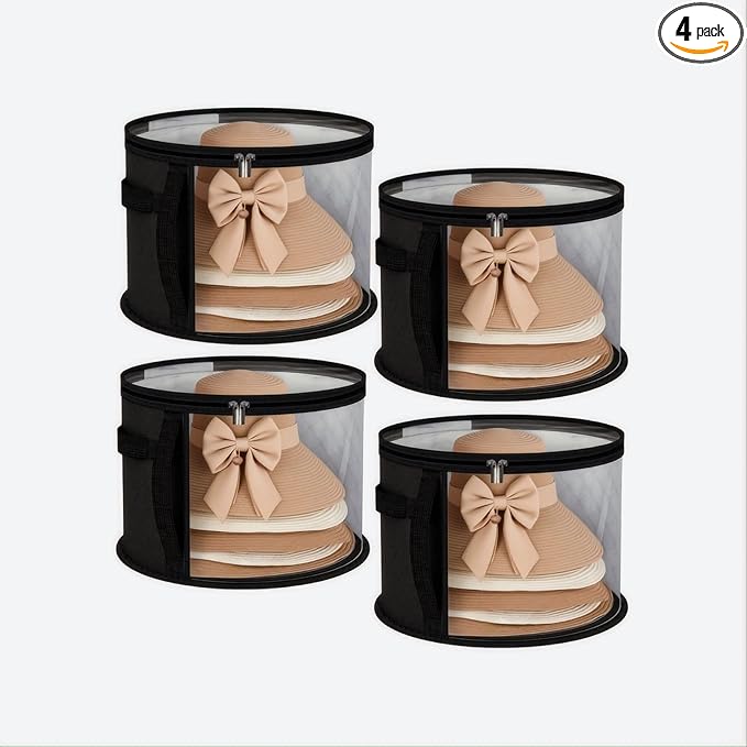 4 Pcs Oversized Clear Hat Storage Box, Cowboy Hat Organizer Bag for Closet, Foldable Case with Carrying Handles for Women Men (Black)