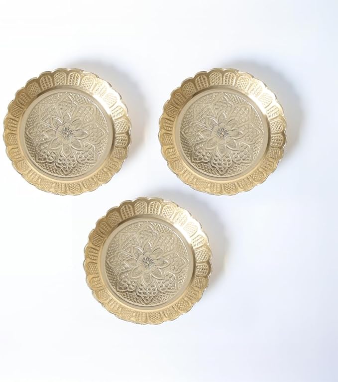 Shubhkart Solid Brass Decorative Nakshi Plate Set for Puja, Decoration & Diwali Gifting (Medium 9.5 cm, Pack of 3, Solid Brass)