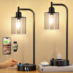 Industrial Desk Lamps for Office Set of 2 - Fully Dimmable Bedside Lamps with USB A C Ports and Outlet, Black Nightstand Lamps with Grey Glass Shade for Living Room, Table Lamps for Bedrooms Reading