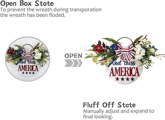 Idyllic God Bless America Sign 4th of July Wreath Patriotic Wreath for Front Door, 16" Red White and Blue Flower Wooden Sign for Memorial Day Independence Day Decoration