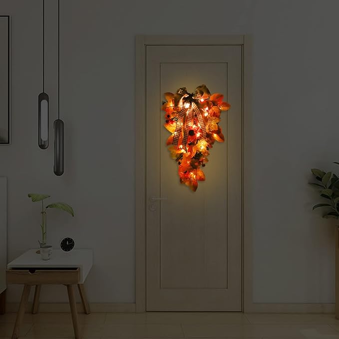 Harvest Teardrop Swag, 20inch Fall Teardrop Swag with Maple Leaves, Bow and Sunflowers, Autumn Decorative Swag Fall Floral Swag for Home Door Wall Decor(Without Light)
