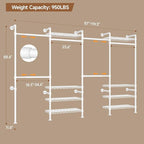 Wall Mounted Garment Rack, Industrial Pipe Metal Clothing Rack with 6 Hanging Rods (4 Expandable) & 8 Shelves, Closet Organizers and Storage System for Bedroom, Walk in Closet