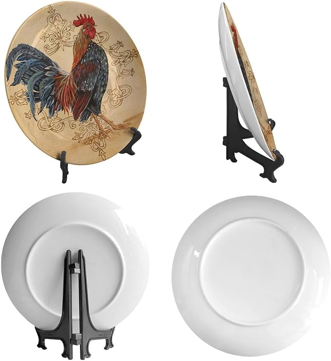Rooster Decorative Plate Stand, 10 Inch, Rooster On A Khaki Background Round Display Plate, Handmade Ceramic Ornament, for Display Living Room Kitchen Closet Table Decor
