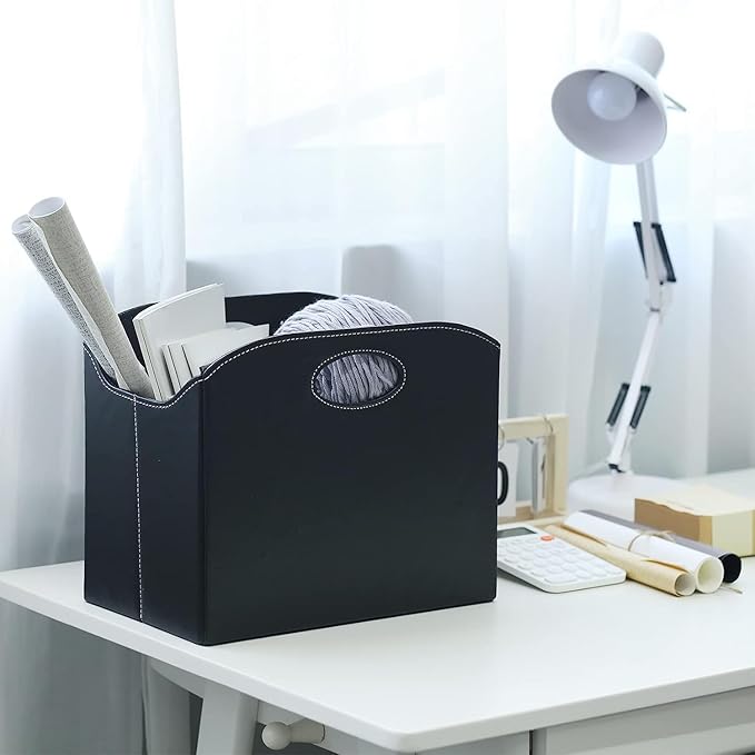 EZDeco Magazine Holder Foldable Magazine Rack Floor PU Leather File Holder Newspaper Book Storage Magazine Basket Document File Folder Organizer for Office Home (Black-2)