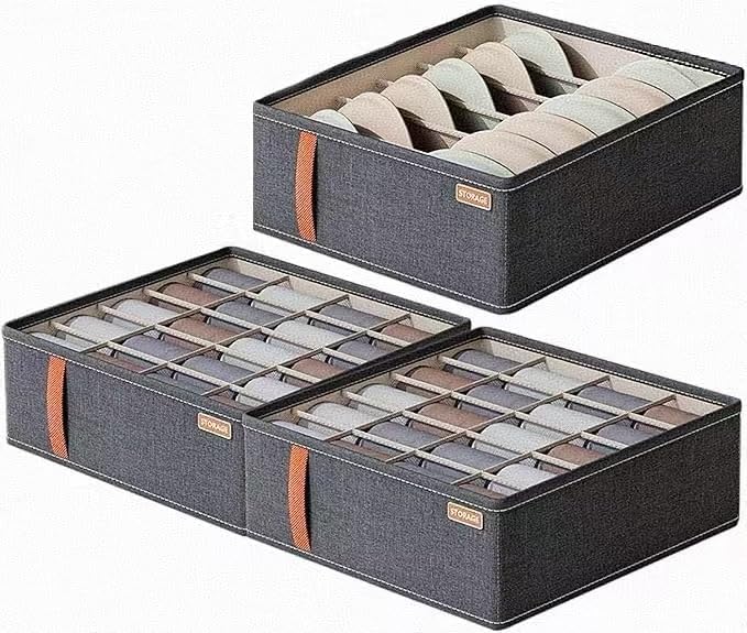 3pack Wardrobe Clothes Organizer，Foldable Underwear Storage Box Fabric Storage Bin with Divider for Socks Bra Clothes Underwear Organizer Drawer Multifunctional Household Box (Dark gray)
