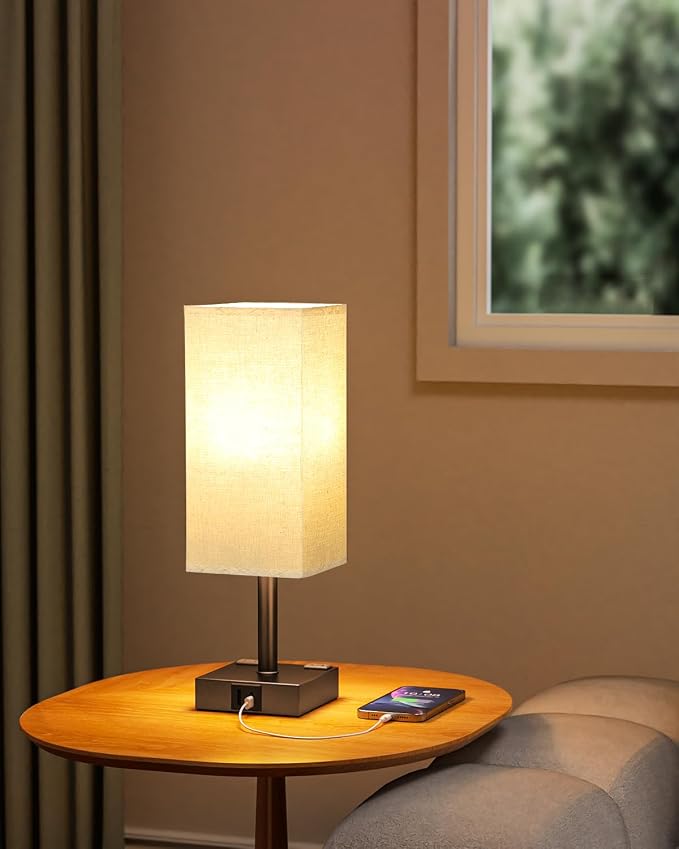 aooshine Brown Touch Table Lamp - Bedside Lamp with USB A + Type C Charging Ports and Two AC Outlets, Small Night Stand with E26 LED Bulb, Desk Light for Bedroom Living Room Office Dorm