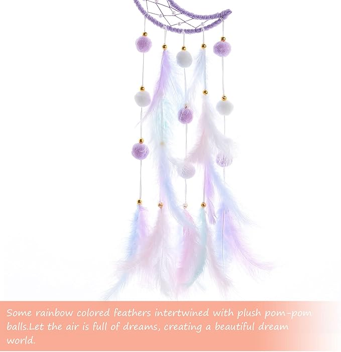 Pretty Jolly Purple Moon Kids Dream Catcher Wall Decor Pompom Feather Baby Dreamcatcher Handmade Children Dream Catcher Home Décor Wall Hanging for Nursery Bedroom Boys Girls Birthday Gift-25.6in