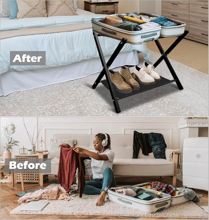 Folding Luggage Rack for Guest Room, Metal Foldable Suitcase Stand Holder with Cloth Shelf for Bedroom, Black, 2pack