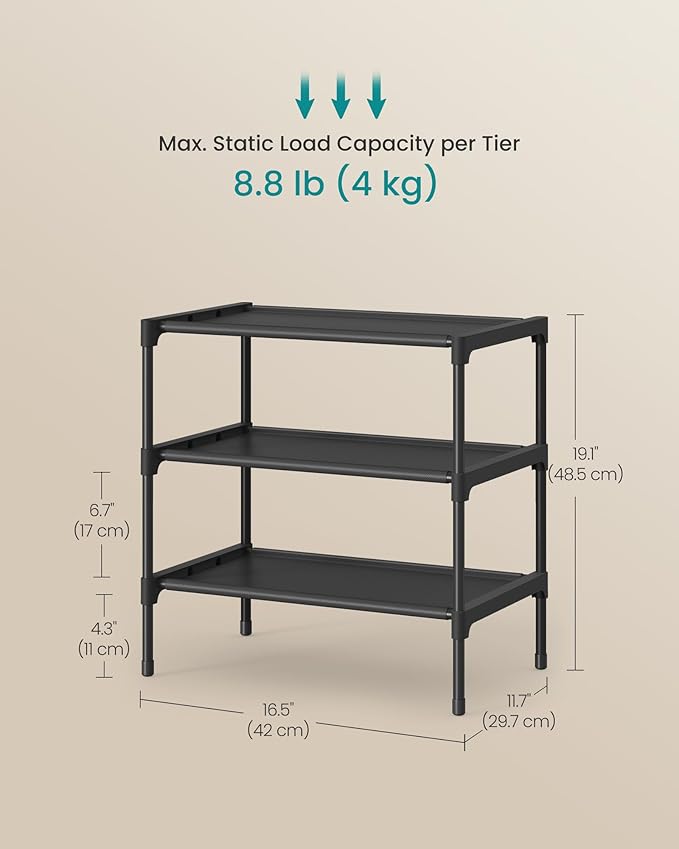 SONGMICS Shoe Rack, 3-Tier Shoe Storage Organizer, Space-Saving, 11.7 x 16.5 x 19.1 Inches, Entryway, Metal Frame, Non-Woven Fabric Shelves, Ink Black ULSH013BH01
