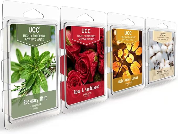 UCC Wax Melts, Soy Wax Cubes Strong Scent Long Lasting Premium Scented Mix Melts Tarts-Rosemary Mint, Rose & Sandalwood, Gold Amber Leaves, Clean Cotton - 4 Pack