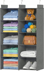 Grey 5-Tier Hanging Closet Storage Organizer - Space-Saving Dual-Row Foldable Shelves with 3 Hooks, Wardrobe Organizer for Dorm, Bedroom, Clothes and Accessories