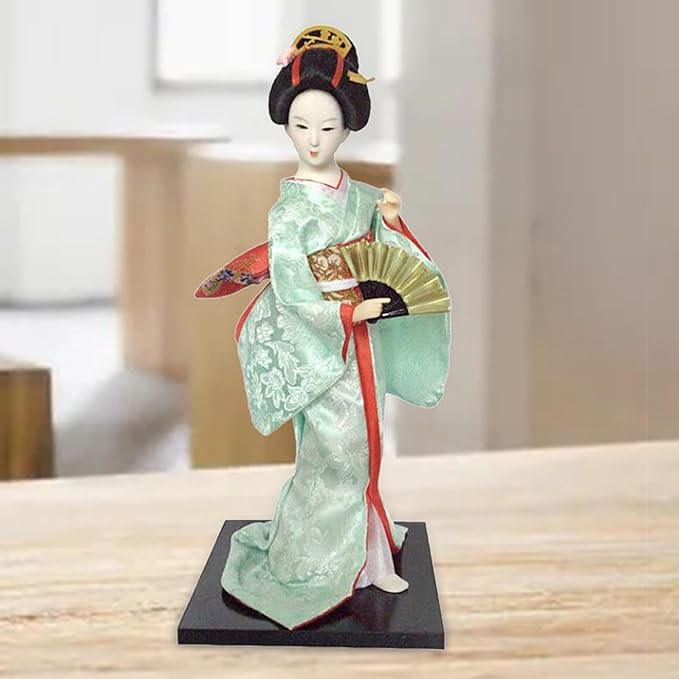 12inch Japanese Geisha Ethnic Japanese Geisha Dolls Oriental Ancient Kabuki Girl Statue Kimono Dolls for Tabletop Home Decor, Light Green