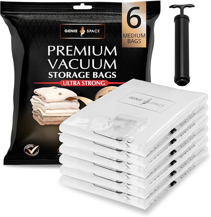GENIE SPACE Premium Vacuum Storage Bags for Clothes, Bedding and Travel, Medium Size 27x20 Inches, Airtight, Odor-Proof and Reusable Space Saver Bags with Double Zipper Seal, 6-Pack with Hand Pump