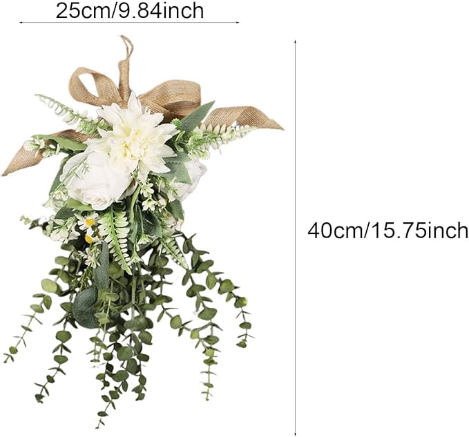 Artificial Teardrop Swag Floral Garland with Silk Flowers Ornament Handmade Reusable Suitable for Home Window, White