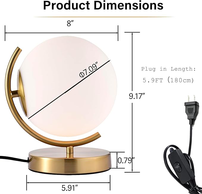 Gold Modern Globe Table Lamp with 7.1'' Glass Goble Shade Mid Century Table Lamps Desk lamp Metal Standing lamp for Bedroom Living Room Office