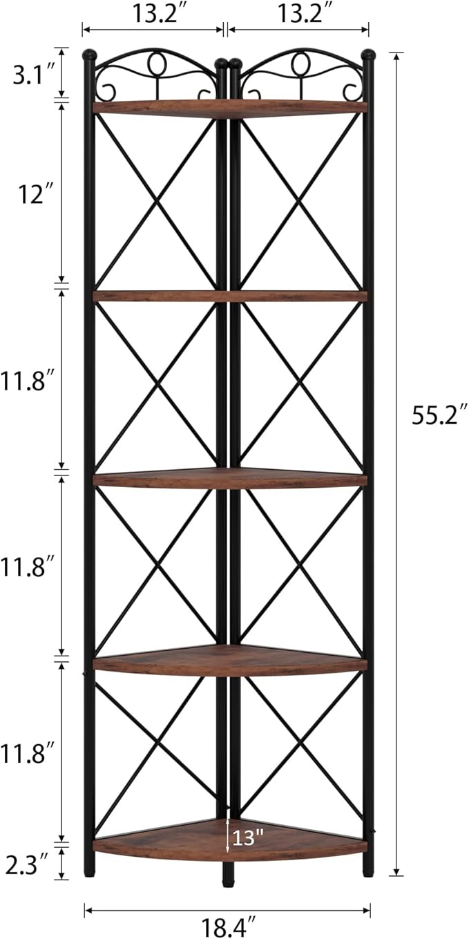 VECELO 5 Tier Corner Shelf Stand, 55.2" Tall Corner Bookshelf, Plant Stand, Rustic Brown Corner Storage Shelf for Living Room, Kitchen, Bedroom, Office