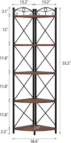 VECELO 5 Tier Corner Shelf Stand, 55.2" Tall Corner Bookshelf, Plant Stand, Rustic Brown Corner Storage Shelf for Living Room, Kitchen, Bedroom, Office